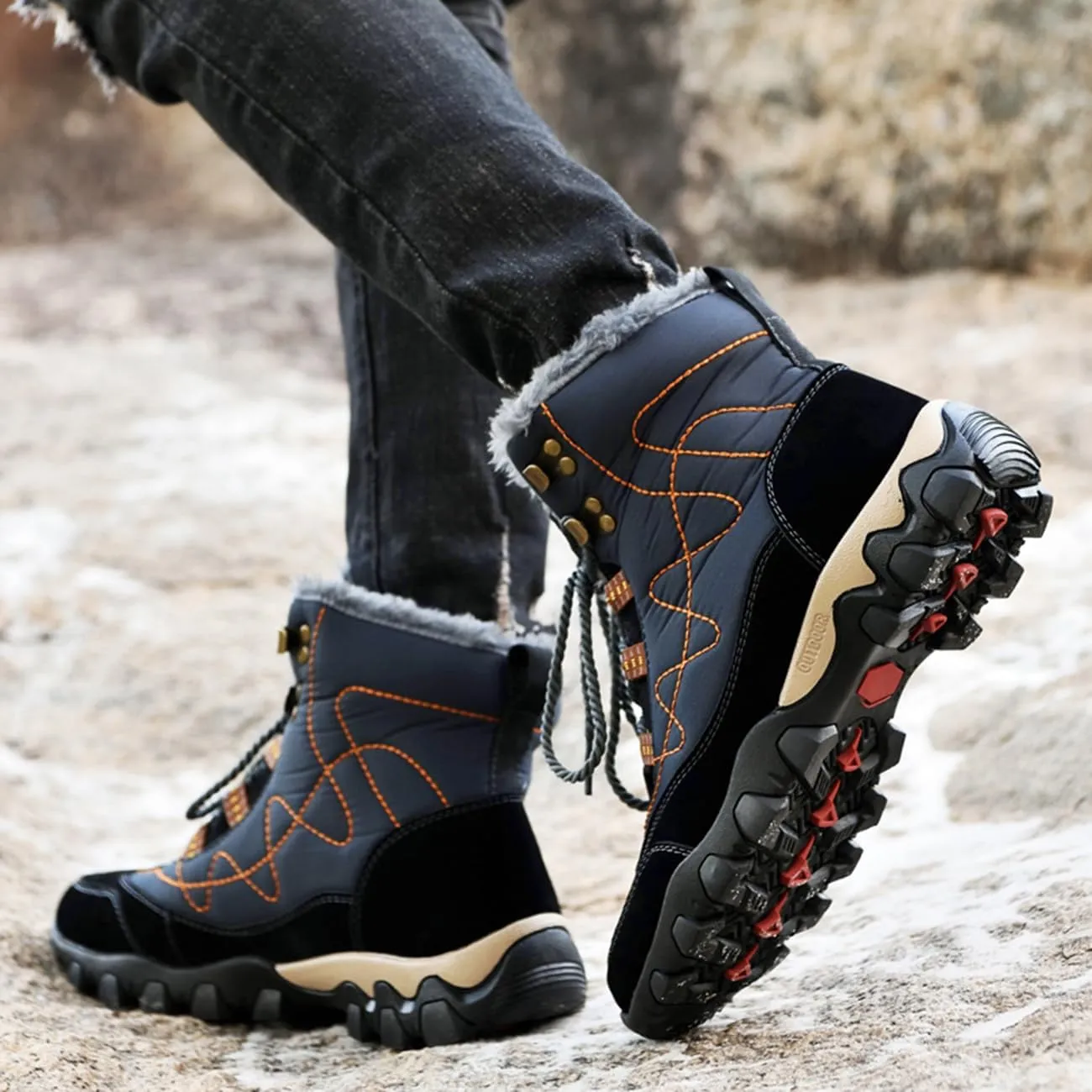 Men's Warm Fur Lined Snow Boots Winter Waterproof Hiking Boots Outdoor Non-slip High-top Shoes