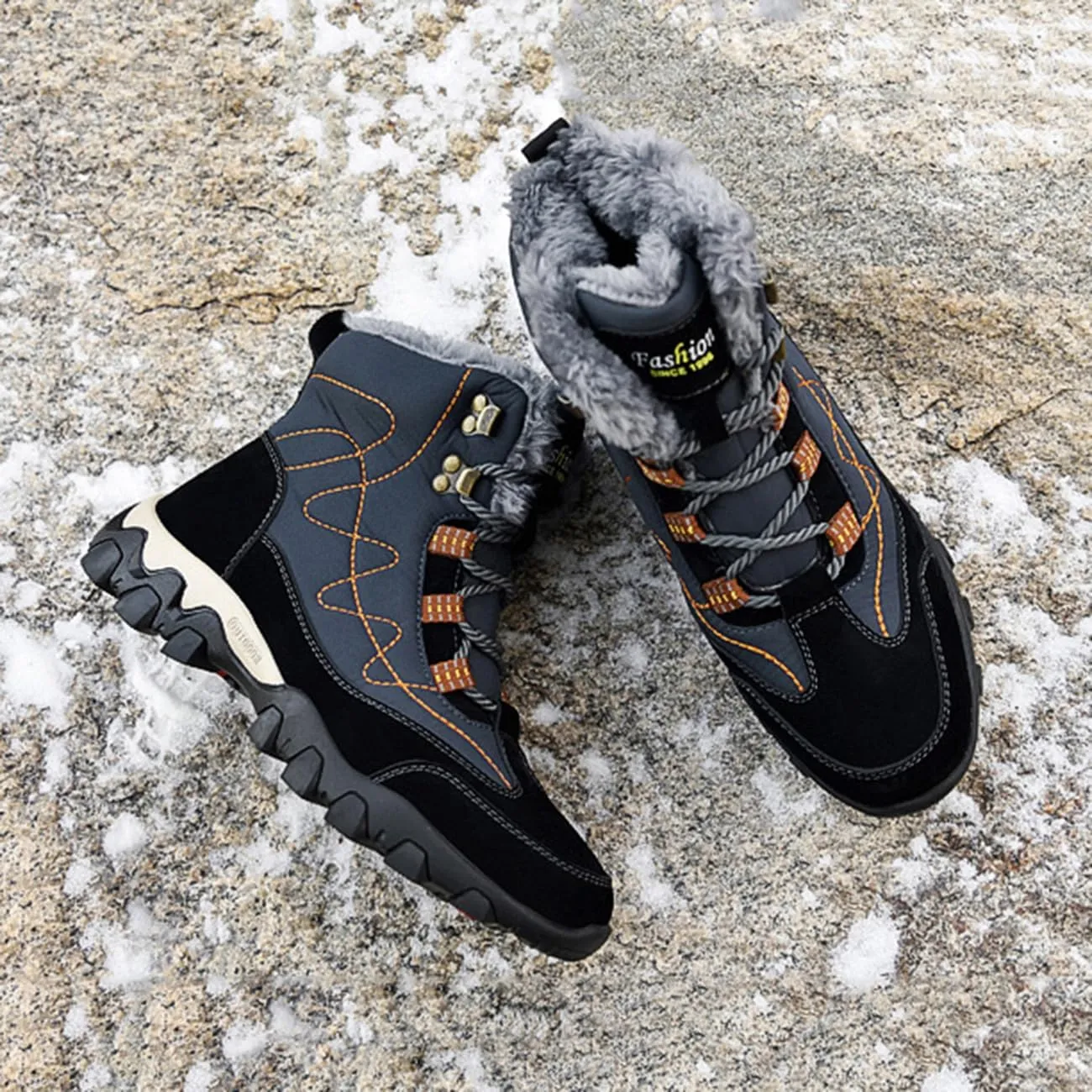 Men's Warm Fur Lined Snow Boots Winter Waterproof Hiking Boots Outdoor Non-slip High-top Shoes