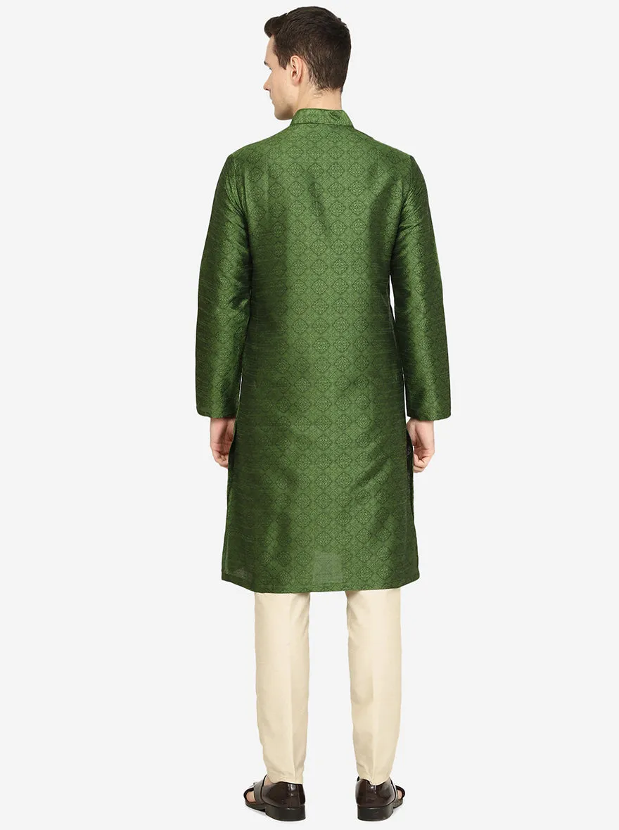 Olive Green Printed Silk Blend Kurta for Men