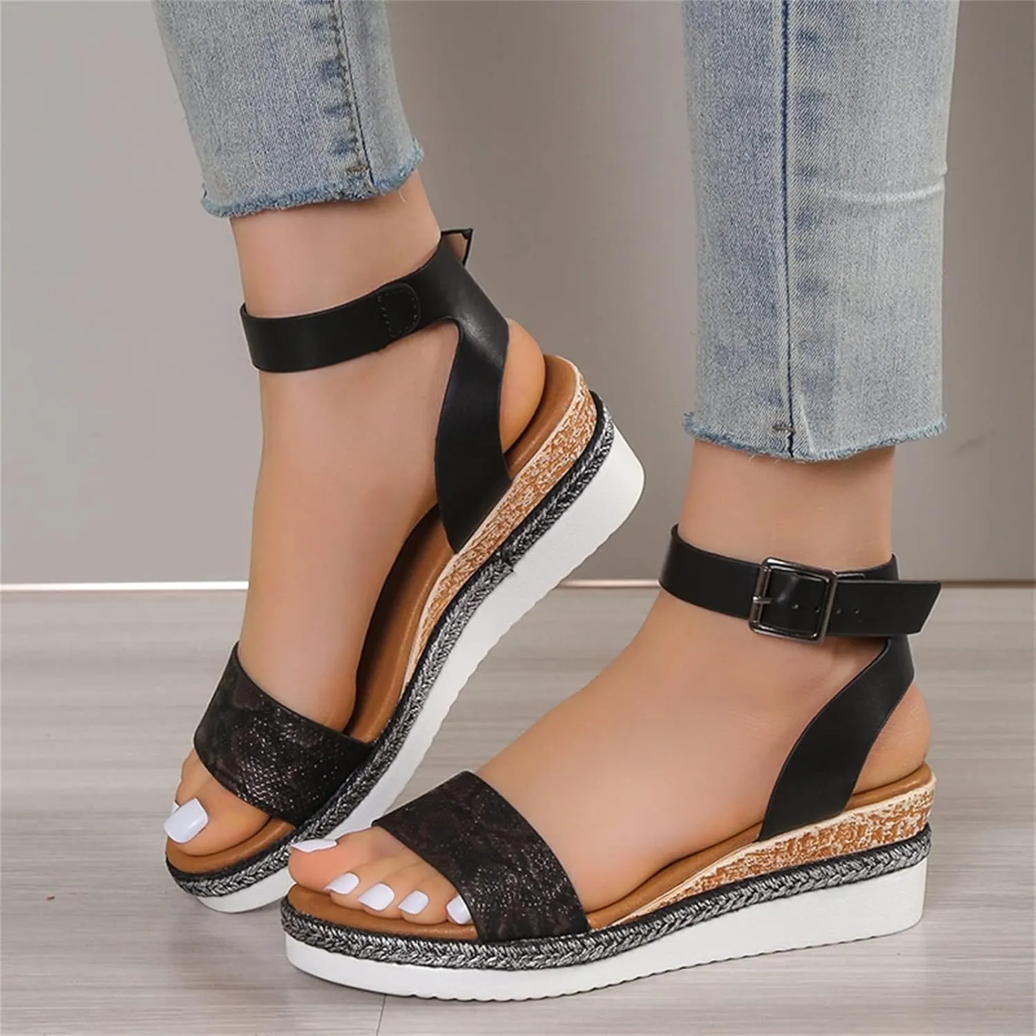 Open Toe Buckle Ankle Strap Espadrilles Flatform Wedge Casual Sandal Platform Espadrille Sandals Orthopedic Retro Summer Slippers Slip On Beach Slides Dressy Walking Fashion Outdoor Shoes