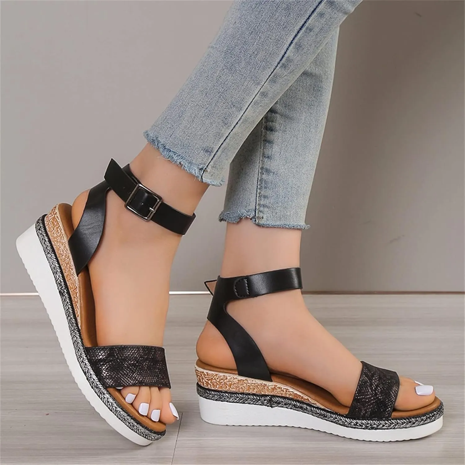 Open Toe Buckle Ankle Strap Espadrilles Flatform Wedge Casual Sandal Platform Espadrille Sandals Orthopedic Retro Summer Slippers Slip On Beach Slides Dressy Walking Fashion Outdoor Shoes