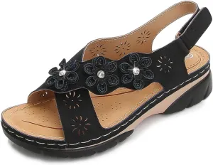 Orthopedic Shoes with Arch Support Sandals for Women Summer Ankle Strap Comfort Sole Open Toe Flat Sandals with Adjustable Hook Loop Flower Criss Cross Backstrap Walking Sandal Beach Outdoor Sandal