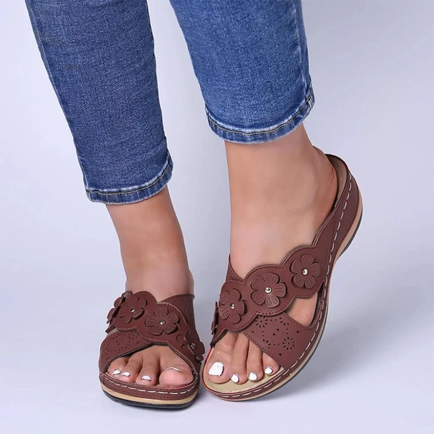 Orthopedic Slippers for Women Indoor Comfortable Flower Sandals Orthotic Slides Ladies Outdoor Walking Shoes Soft Cushion Open Toe Flats Wide Feet Sandals Dressy Summer Slippers Casual Footwear