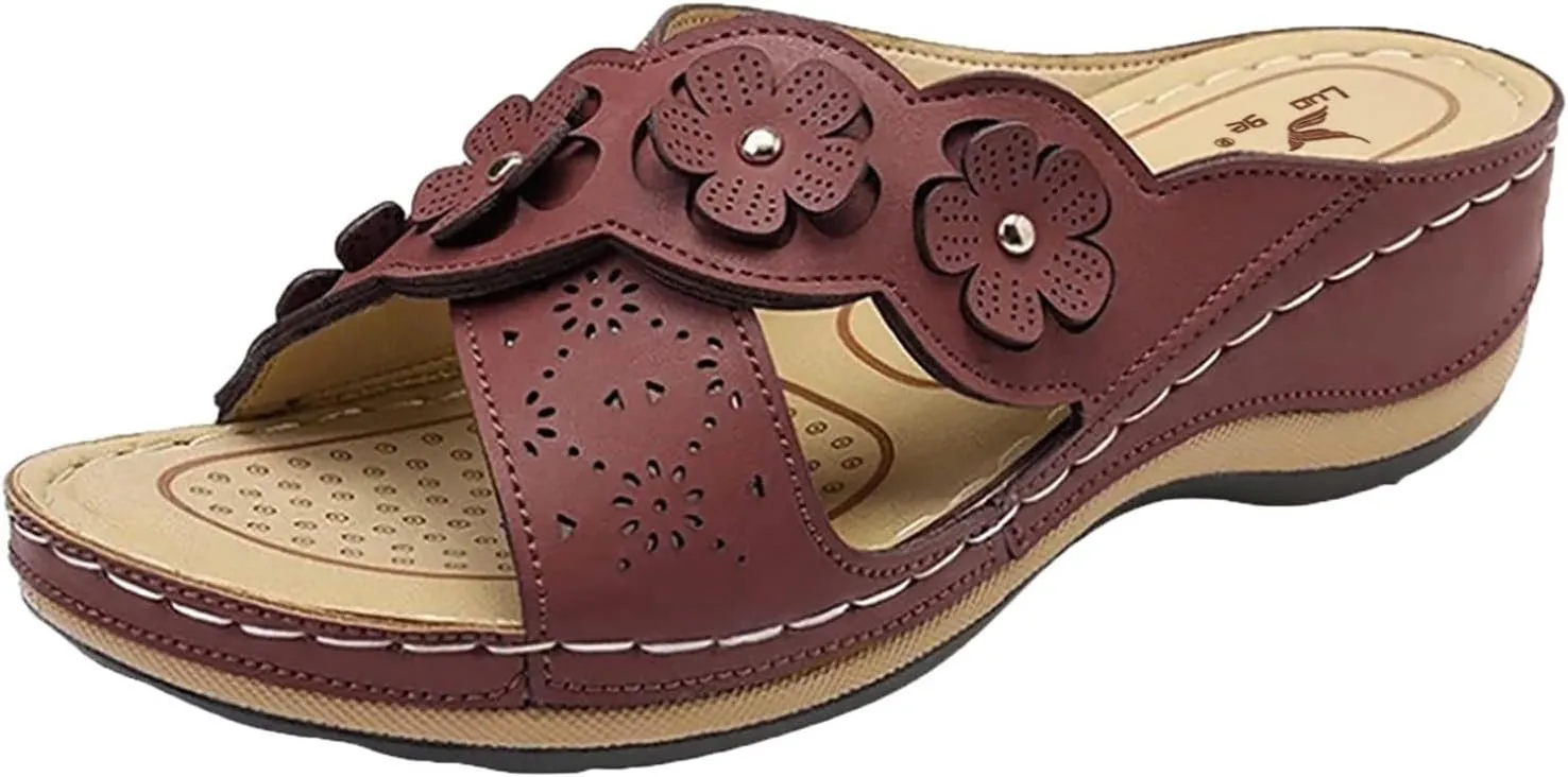 Orthopedic Slippers for Women Indoor Comfortable Flower Sandals Orthotic Slides Ladies Outdoor Walking Shoes Soft Cushion Open Toe Flats Wide Feet Sandals Dressy Summer Slippers Casual Footwear