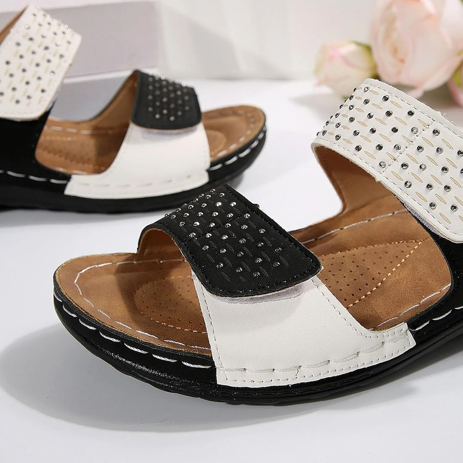 Orthopedic Wedge Sandals for Women Dressy Summer Comfortable Walking Open Toe Slip On Low Heel Flats Sandals with Arch Support Fishmouth Beach Orthotic Slippers Breathable Outdoor Trendy Slippers
