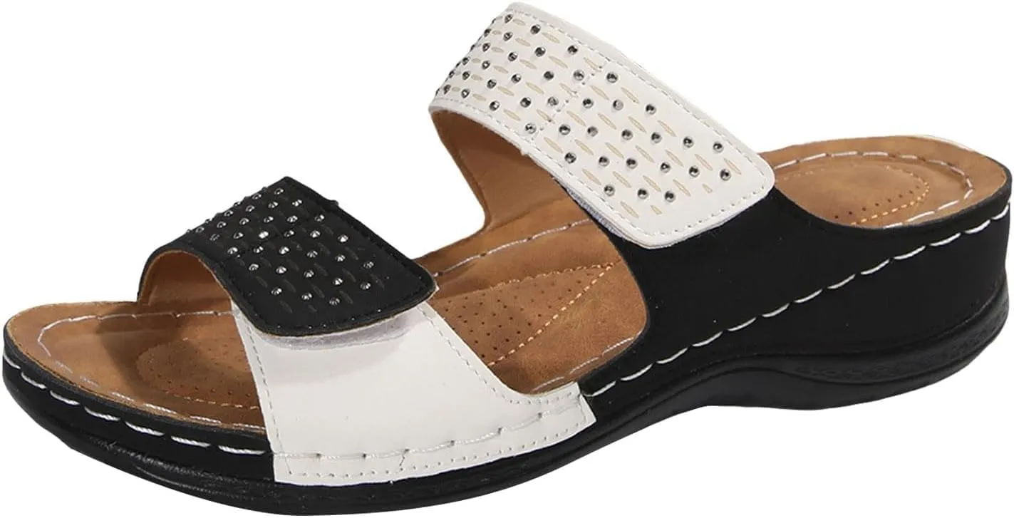 Orthopedic Wedge Sandals for Women Dressy Summer Comfortable Walking Open Toe Slip On Low Heel Flats Sandals with Arch Support Fishmouth Beach Orthotic Slippers Breathable Outdoor Trendy Slippers