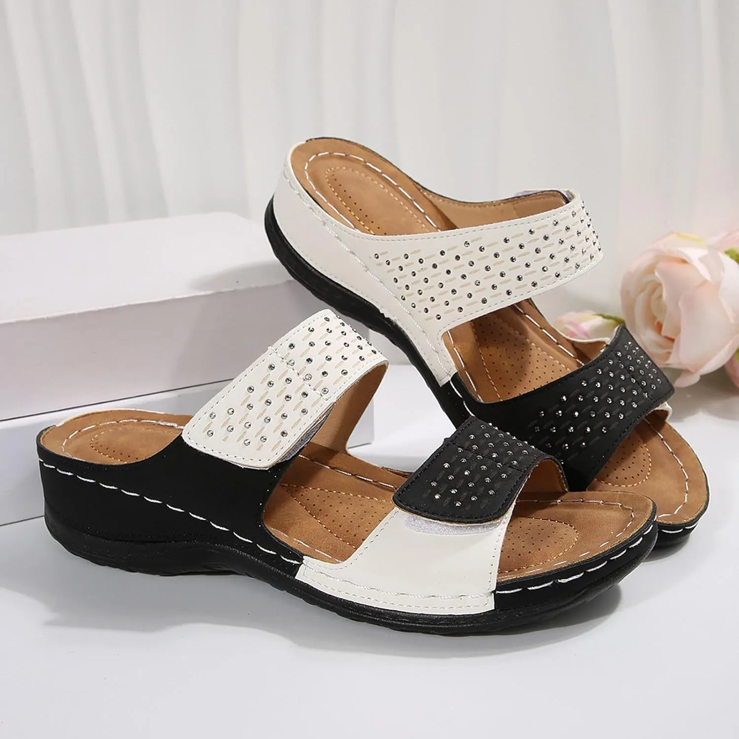 Orthopedic Wedge Sandals for Women Dressy Summer Comfortable Walking Open Toe Slip On Low Heel Flats Sandals with Arch Support Fishmouth Beach Orthotic Slippers Breathable Outdoor Trendy Slippers