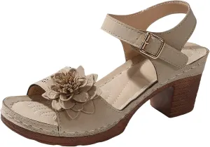 Orthopedic Wedge Sandals for Women Dressy Summer Comfortable Walking Sandals with Arch Support Women Open Toe Low Chunky Short Heels Ankle Strap Block Heel Sandal Hollow Out Flowers Breathable Sandal