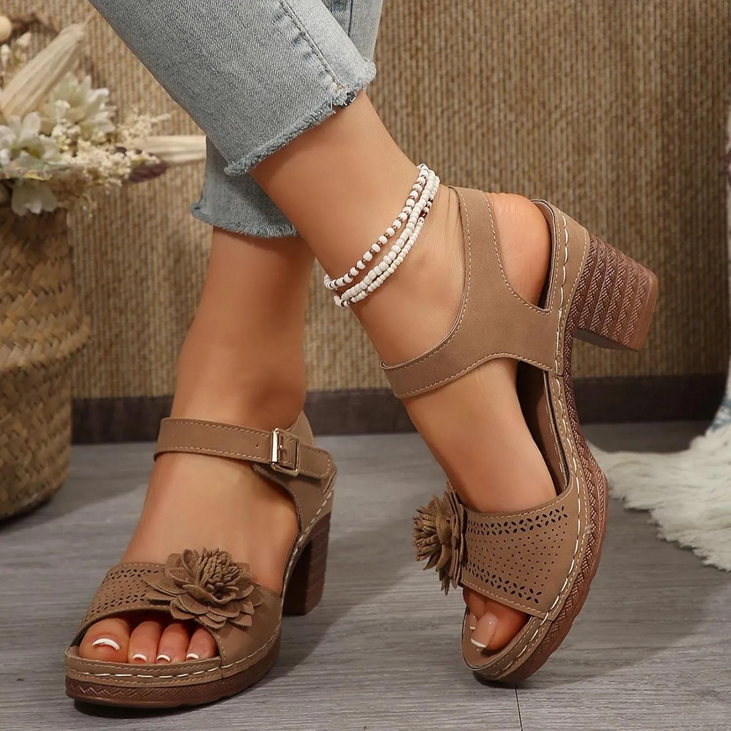 Orthopedic Wedge Sandals for Women Dressy Summer Comfortable Walking Sandals with Arch Support Women Open Toe Low Chunky Short Heels Ankle Strap Block Heel Sandal Hollow Out Flowers Breathable Sandal