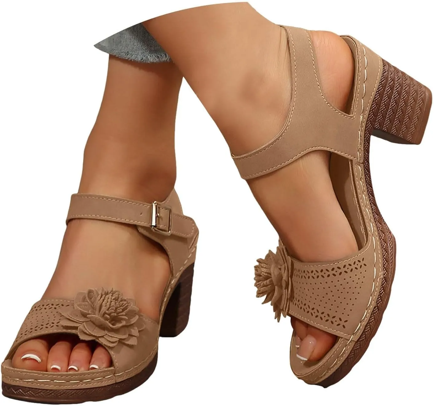 Orthopedic Wedge Sandals for Women Dressy Summer Comfortable Walking Sandals with Arch Support Women Open Toe Low Chunky Short Heels Ankle Strap Block Heel Sandal Hollow Out Flowers Breathable Sandal
