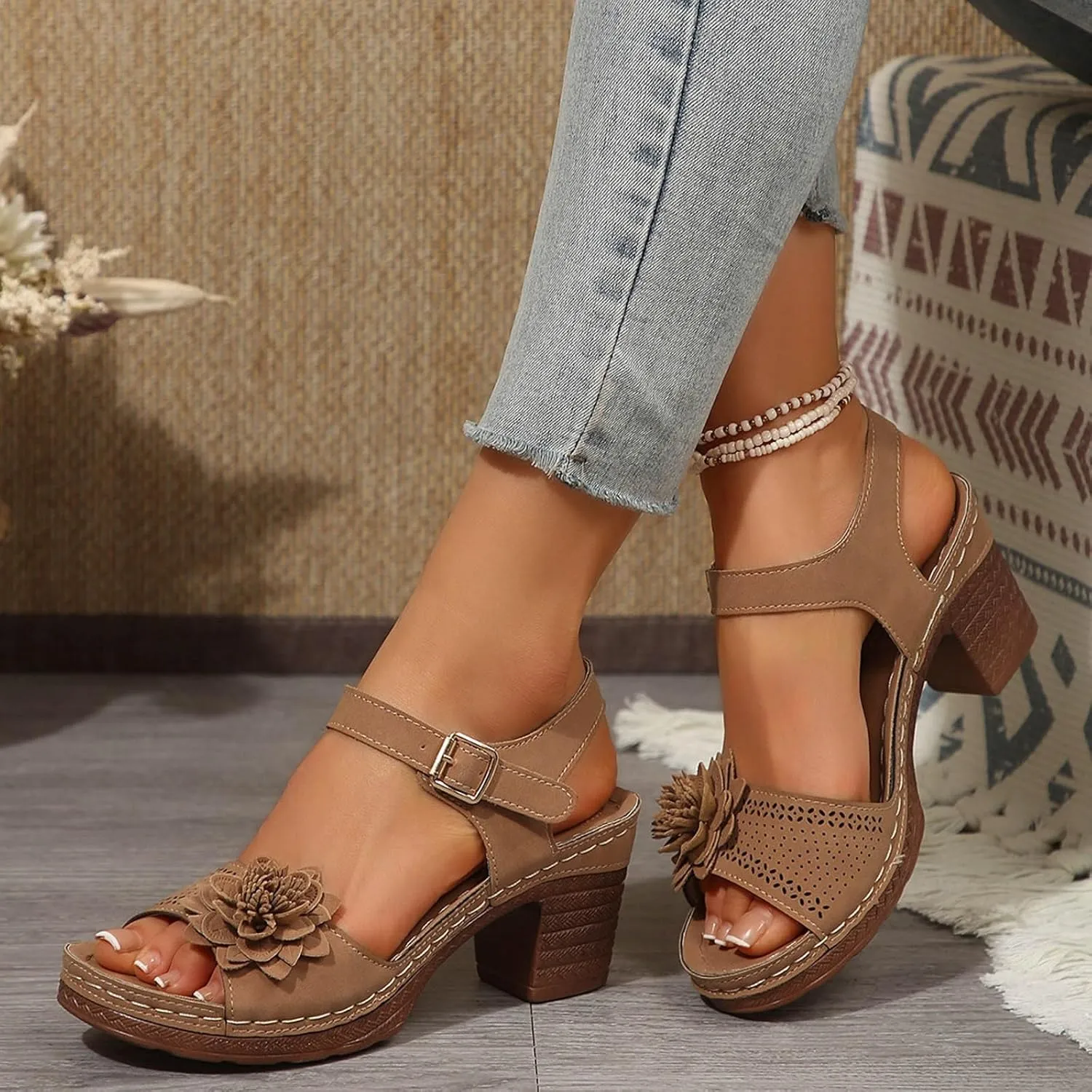 Orthopedic Wedge Sandals for Women Dressy Summer Comfortable Walking Sandals with Arch Support Women Open Toe Low Chunky Short Heels Ankle Strap Block Heel Sandal Hollow Out Flowers Breathable Sandal