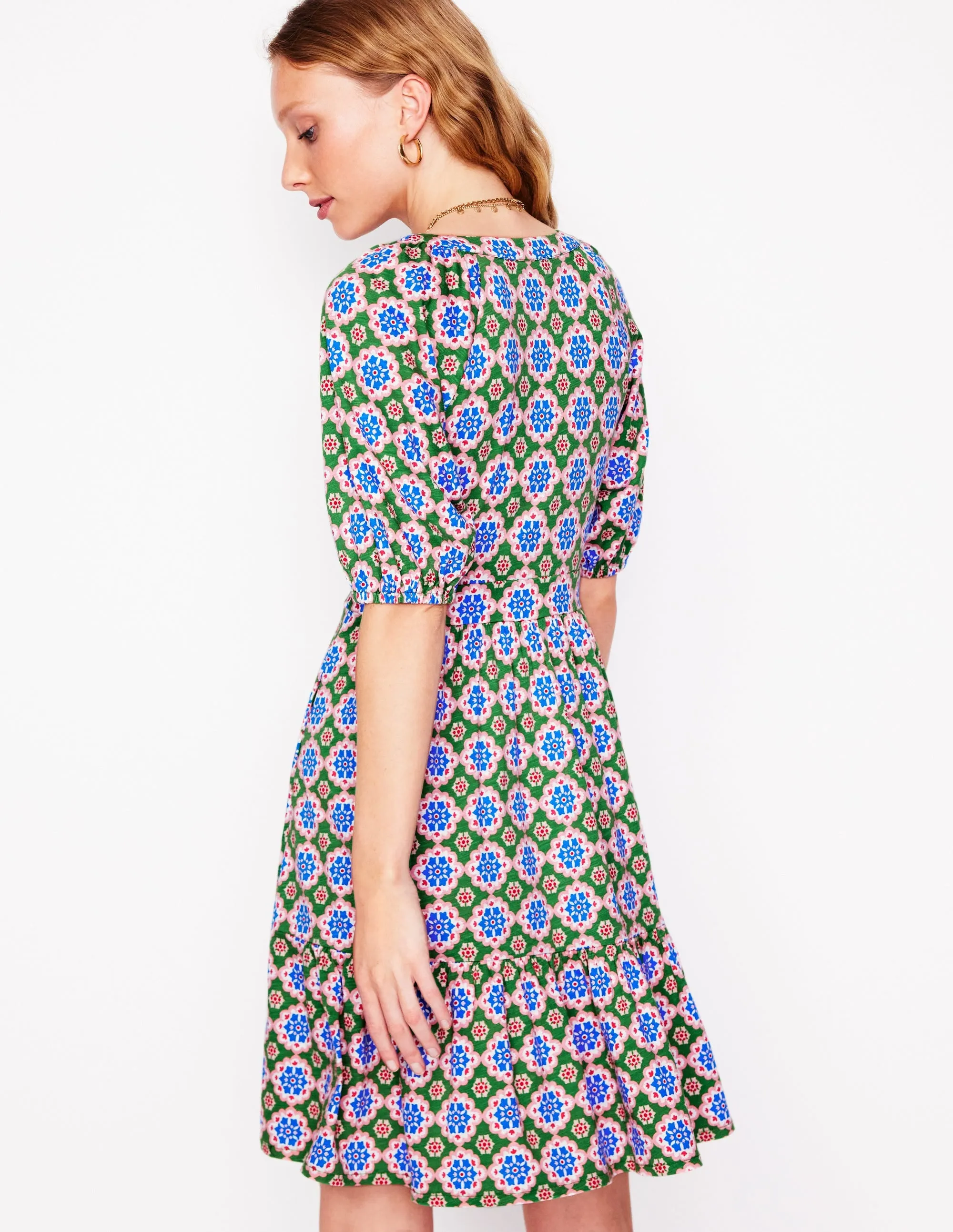 Piper Short Jersey Dress-Iguana Green, Bloom Geo