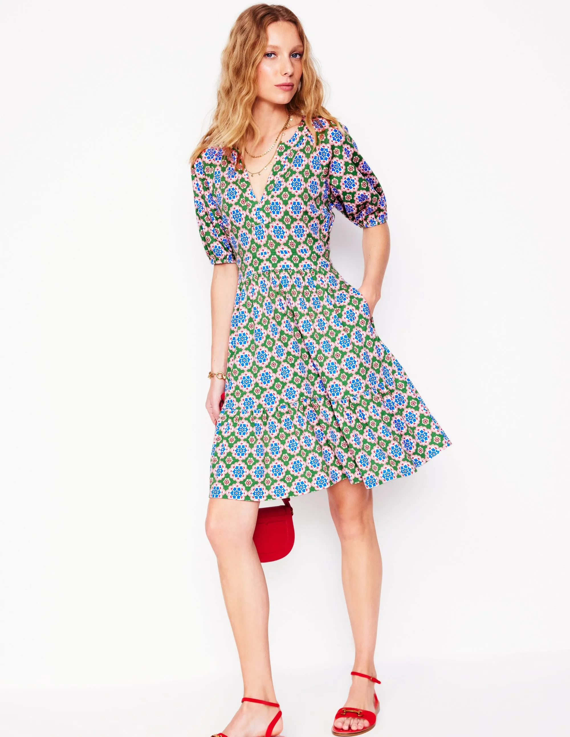 Piper Short Jersey Dress-Iguana Green, Bloom Geo