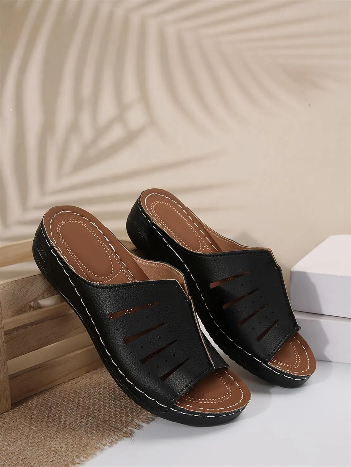 Platform Sandals Women Orthotic Slippers for Plantar Fasciitis Open Toe Slip On House Shoes Retro Soft Comfort Wear Orthowear Shoes Hollow Out Lightweight Sandals Summer Dress Shoe for Beach Vacation