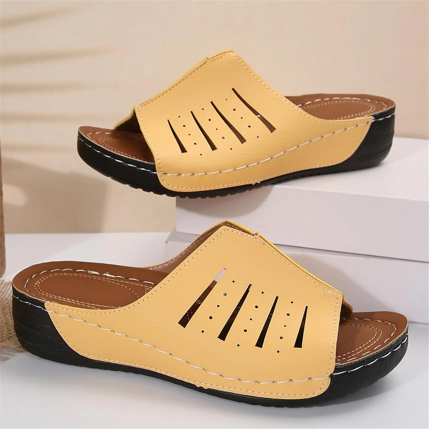 Platform Sandals Women Orthotic Slippers for Plantar Fasciitis Open Toe Slip On House Shoes Retro Soft Comfort Wear Orthowear Shoes Hollow Out Lightweight Sandals Summer Dress Shoe for Beach Vacation