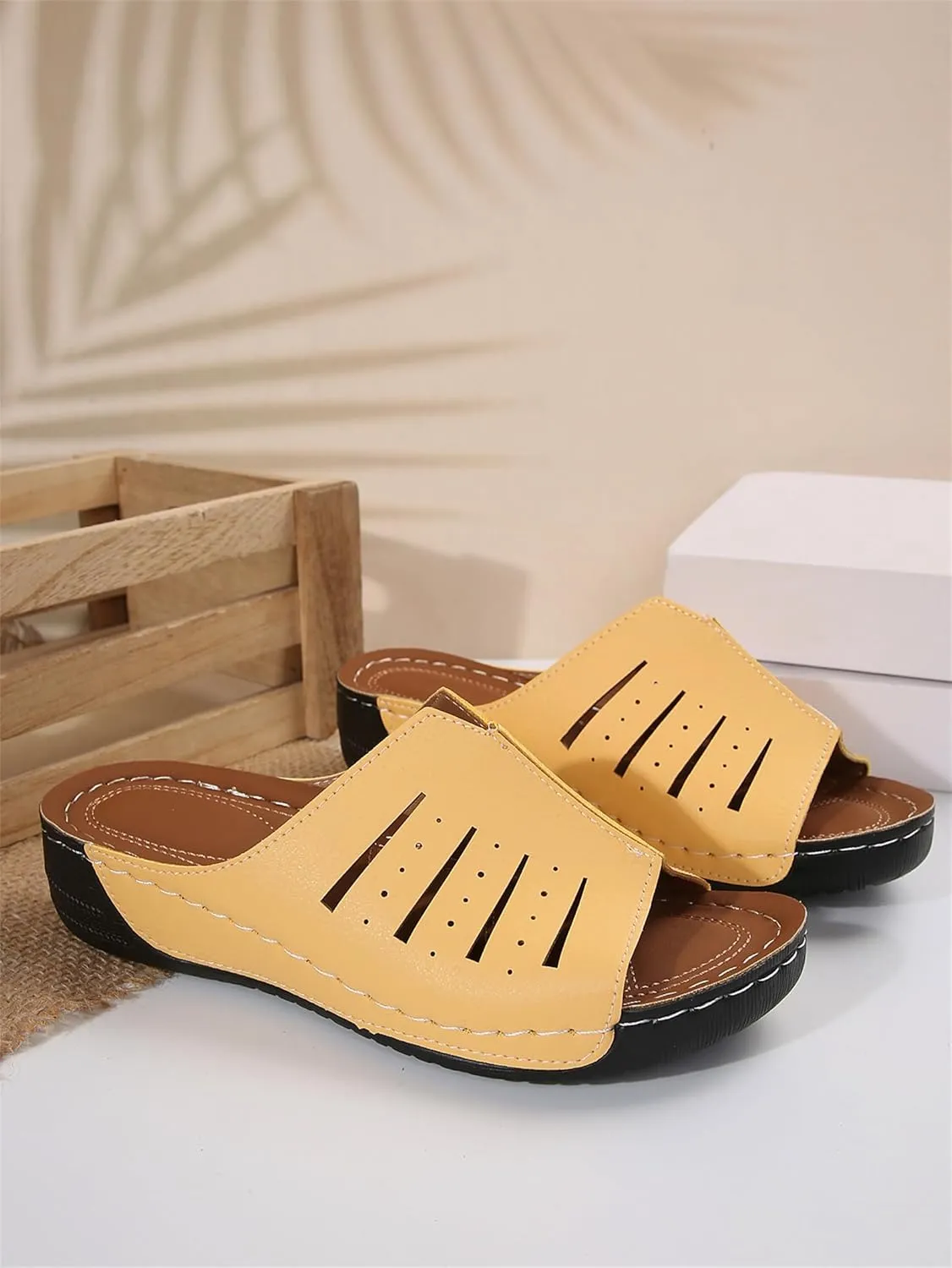 Platform Sandals Women Orthotic Slippers for Plantar Fasciitis Open Toe Slip On House Shoes Retro Soft Comfort Wear Orthowear Shoes Hollow Out Lightweight Sandals Summer Dress Shoe for Beach Vacation