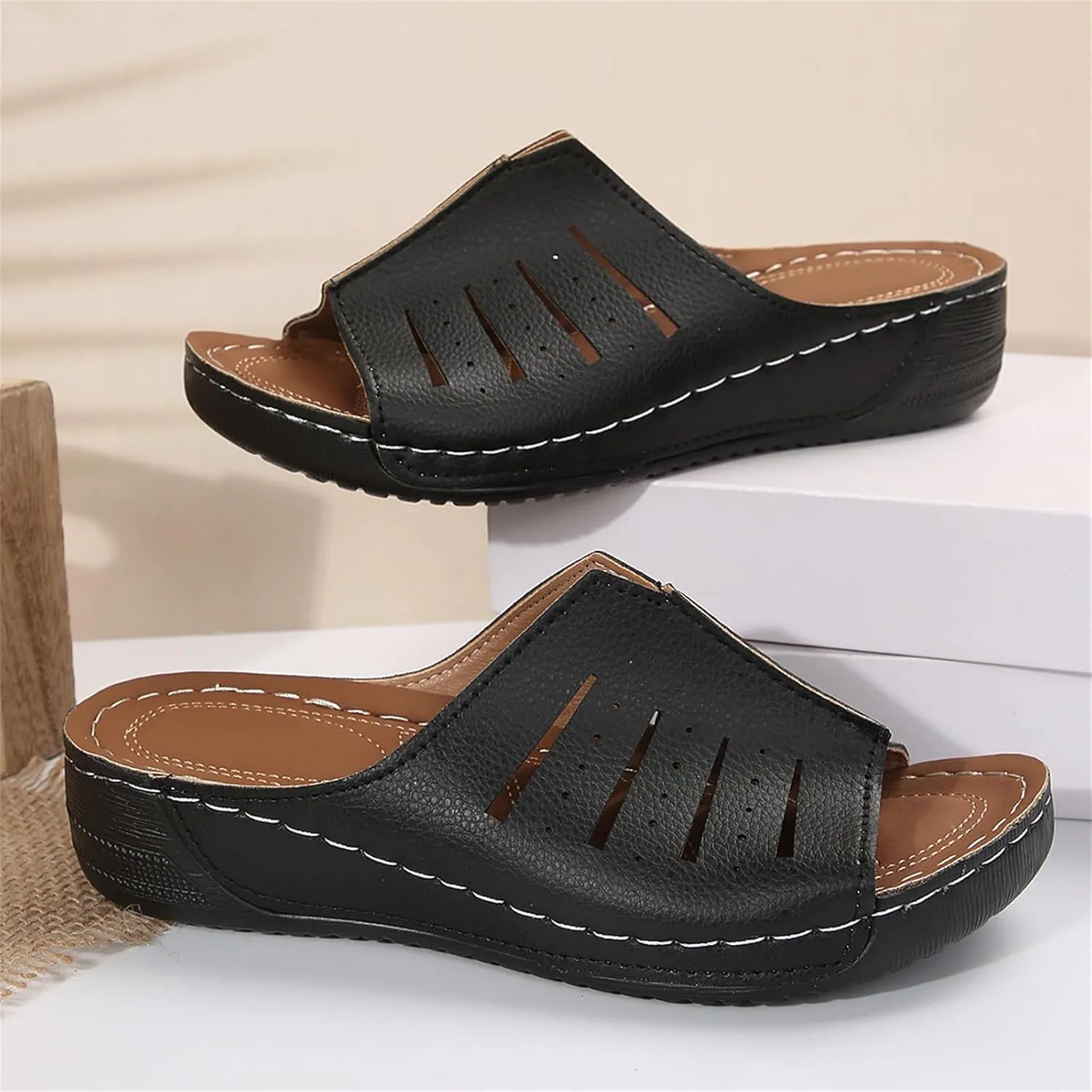 Platform Sandals Women Orthotic Slippers for Plantar Fasciitis Open Toe Slip On House Shoes Retro Soft Comfort Wear Orthowear Shoes Hollow Out Lightweight Sandals Summer Dress Shoe for Beach Vacation