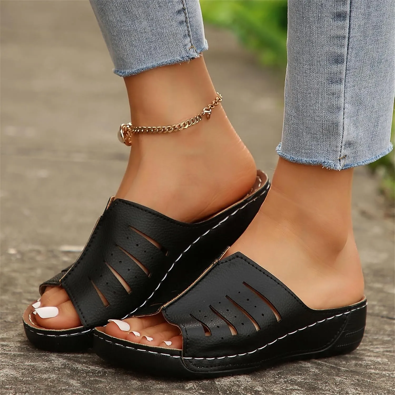 Platform Sandals Women Orthotic Slippers for Plantar Fasciitis Open Toe Slip On House Shoes Retro Soft Comfort Wear Orthowear Shoes Hollow Out Lightweight Sandals Summer Dress Shoe for Beach Vacation