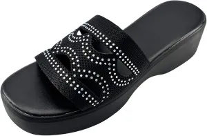 Platform Sandals Women Wedges Slides Chunky Heels Wedge Mule Cloud Lightweight Shoes Slipper Memory Foam One Band Rhinestones Slippers Open Toe Comfortable Summer Beach Indoor Outdoor Sandal