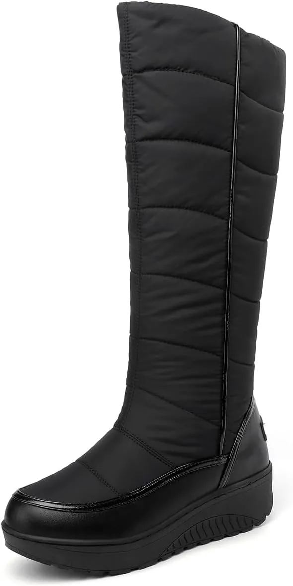 SACFOF Women Furry Snow Boots Waterproof Rain Warm Round Toe Non-Slip Comfort Platform Thick Faux Fur Lined Winter Knee High Boots