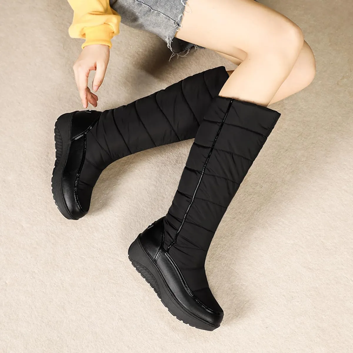 SACFOF Women Furry Snow Boots Waterproof Rain Warm Round Toe Non-Slip Comfort Platform Thick Faux Fur Lined Winter Knee High Boots