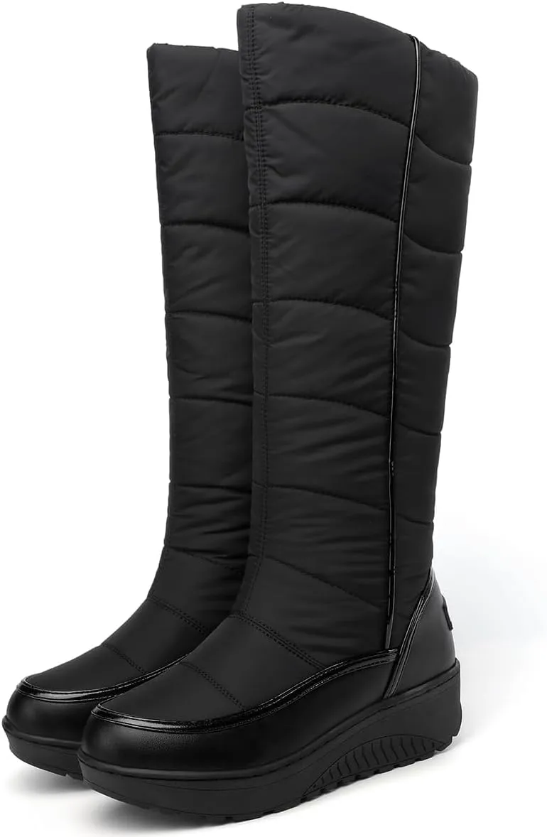 SACFOF Women Furry Snow Boots Waterproof Rain Warm Round Toe Non-Slip Comfort Platform Thick Faux Fur Lined Winter Knee High Boots