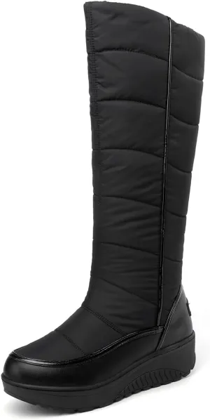 SACFOF Women Furry Snow Boots Waterproof Rain Warm Round Toe Non-Slip Comfort Platform Thick Faux Fur Lined Winter Knee High Boots