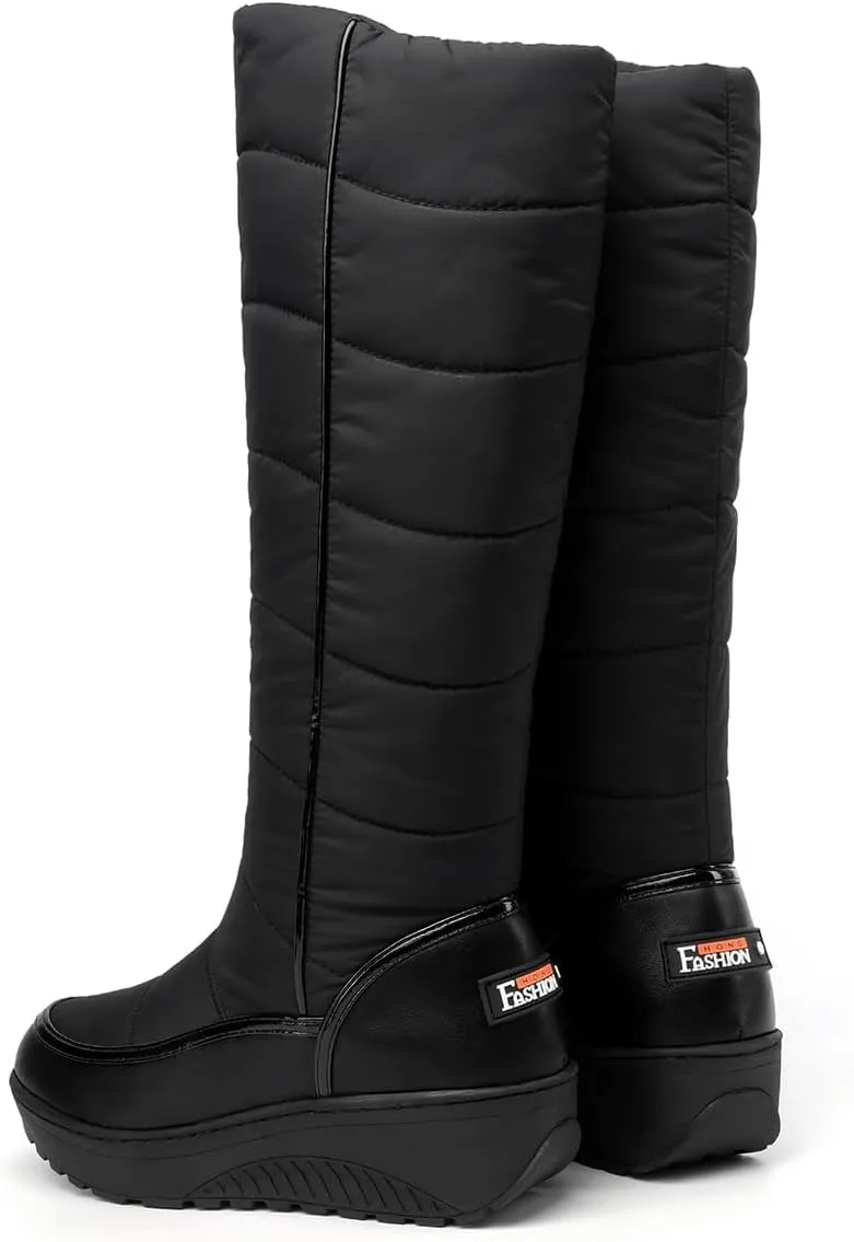 SACFOF Women Furry Snow Boots Waterproof Rain Warm Round Toe Non-Slip Comfort Platform Thick Faux Fur Lined Winter Knee High Boots