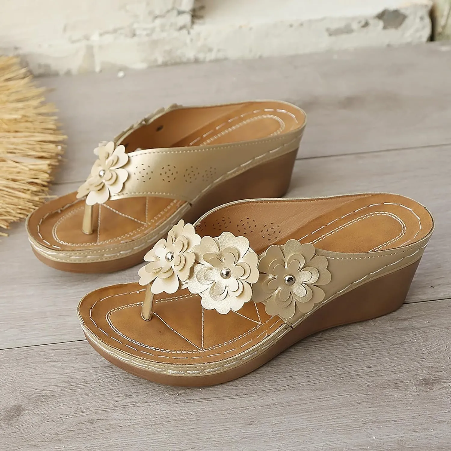 Sandals for Women Wedge Shoes Dressy Sandals Low Heel Wide Width Slip on Open Toe Flip Flops with Flower for Women with Arch Support Comfortable Damping Sole Upgradation Stretch Orthotic Flip Flops