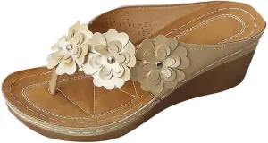 Sandals for Women Wedge Shoes Dressy Sandals Low Heel Wide Width Slip on Open Toe Flip Flops with Flower for Women with Arch Support Comfortable Damping Sole Upgradation Stretch Orthotic Flip Flops