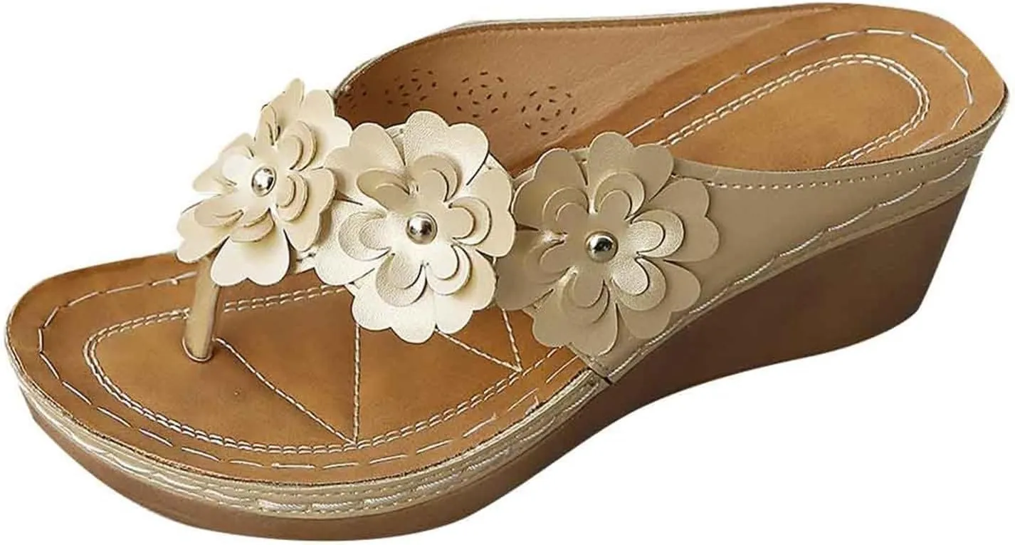 Sandals for Women Wedge Shoes Dressy Sandals Low Heel Wide Width Slip on Open Toe Flip Flops with Flower for Women with Arch Support Comfortable Damping Sole Upgradation Stretch Orthotic Flip Flops