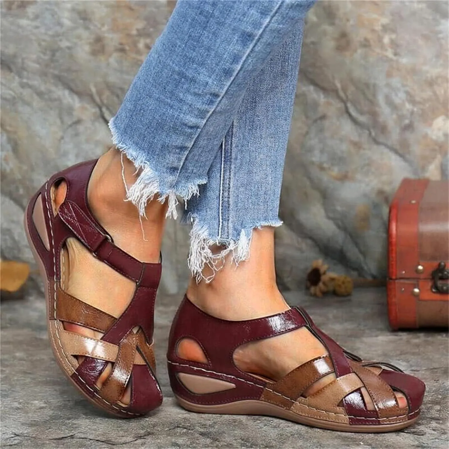 Summer Closed Toe Sandals for Women Platform Dressy Wedge Orthopedic Anti-Slip with Ankle Strap Wedges Sandal Hollow Out Cross-Buckle Comfy Bohemia Gladiator Outdoor Shoes