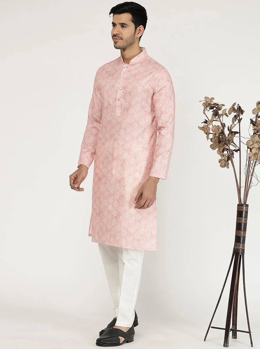 Tint Peach Printed Cotton Silk Blend Kurta for Men