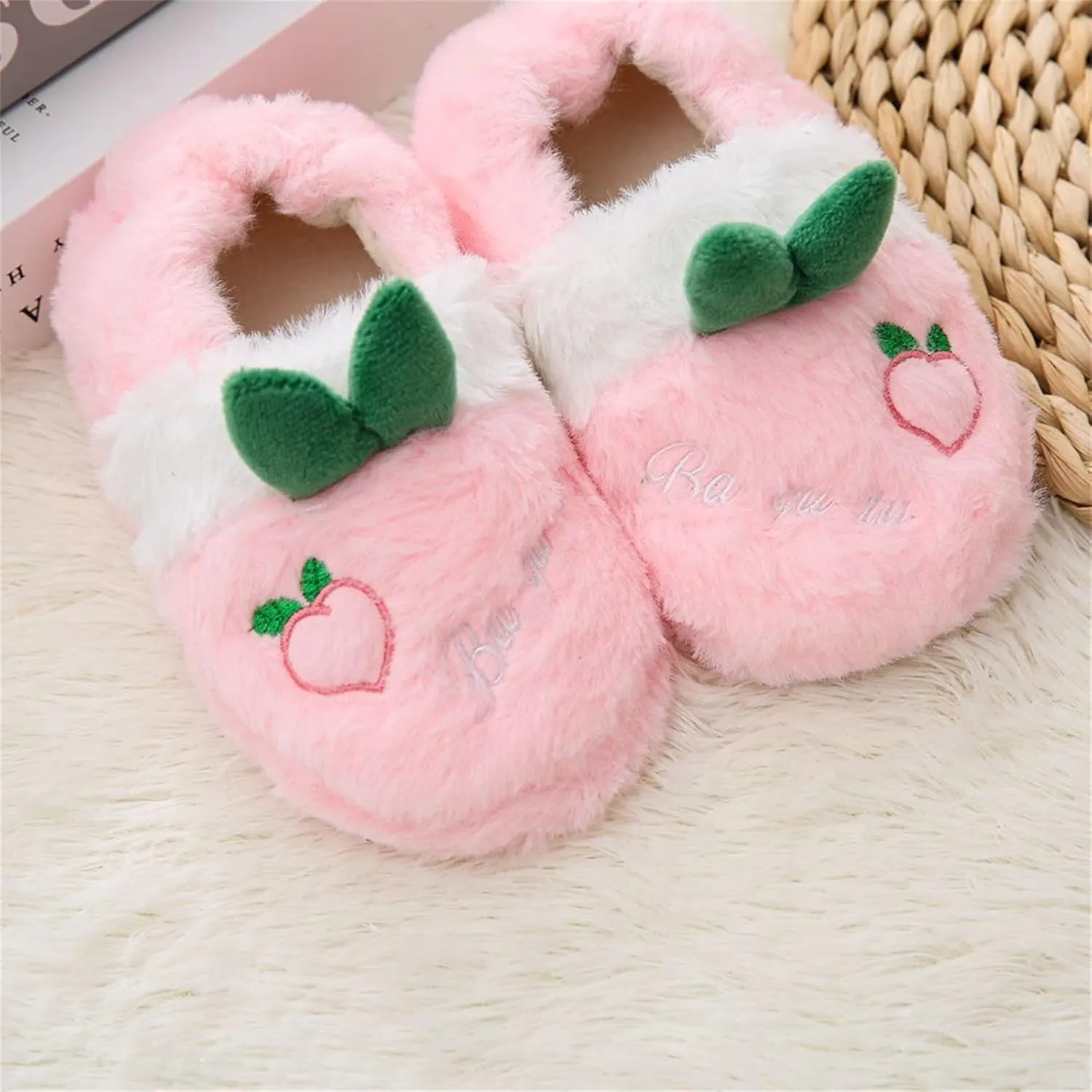 Toddler Girls Cute Peach Warm Plush Cotton Slippers Wrapped Root Cotton Fuzzy Home Shoes for Ballet Slipper Little Girl