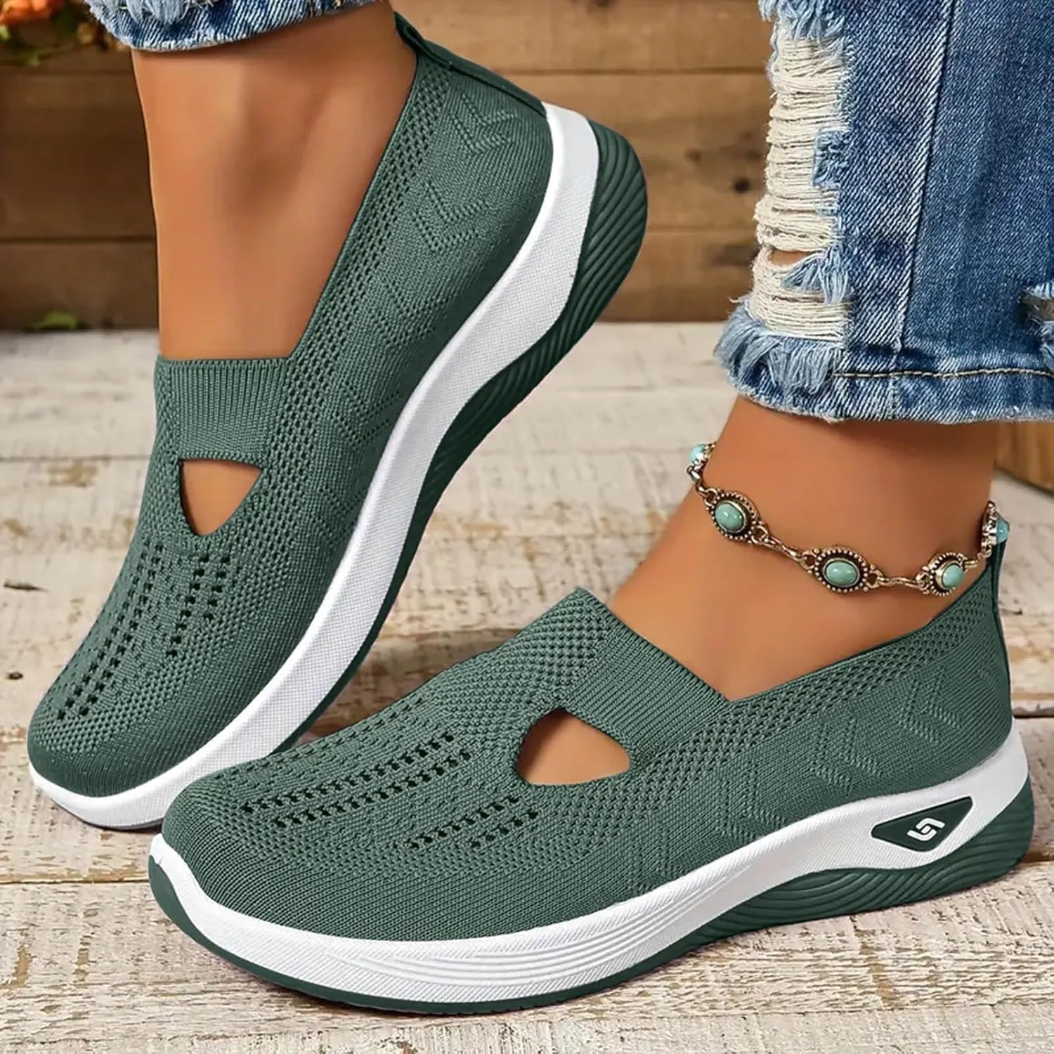 Walking Shoes Women Comfort Breathable Knitted Mesh Lightweight Orthopedic Low Top Soft Sole Sneaker Non-Slip Outdoor Shoes