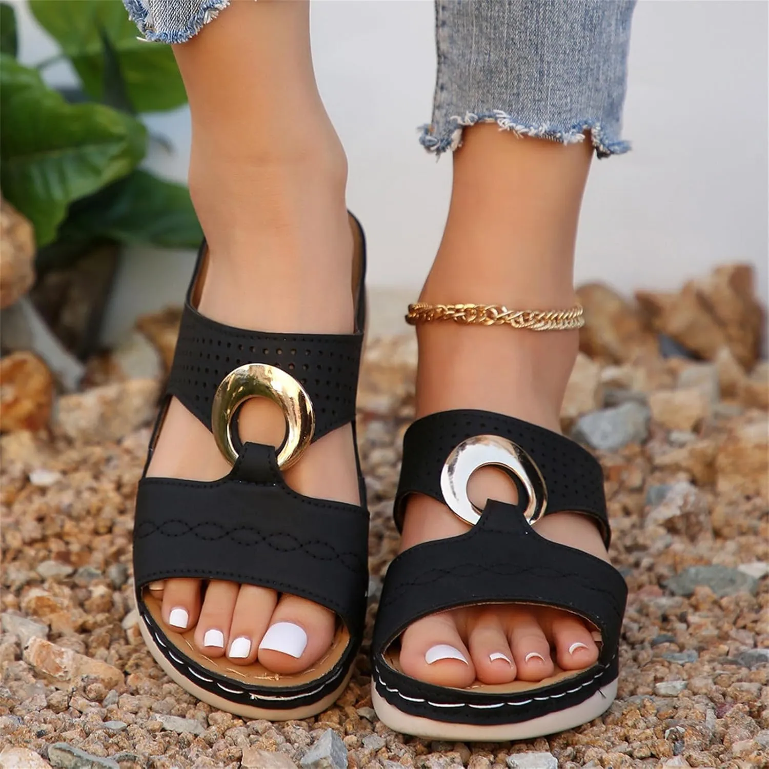 Wedge Sandals for Women Comfortable Platform Slip on Shoes Sandals Dressy Summer Orthopedic Open Toe Thick Soled Ortho Supportive Arch Wedge Slingback Slippers Beach Travel Cute Going Out Slipper