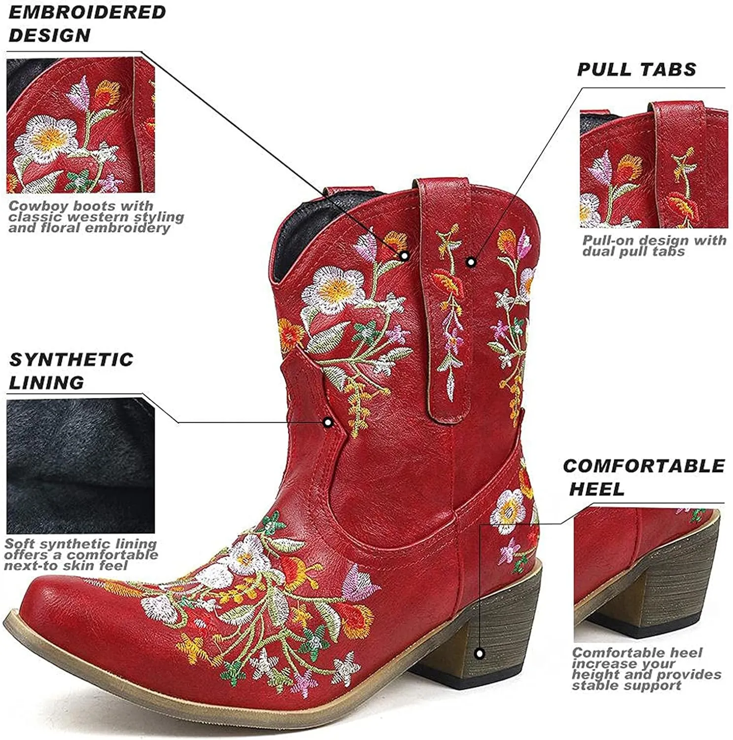 Wide Calf Cowboy Boots Cowgirl Booties for Women Embroidered Chunky Heel Pointed Toe Western Boots Pull On Boots