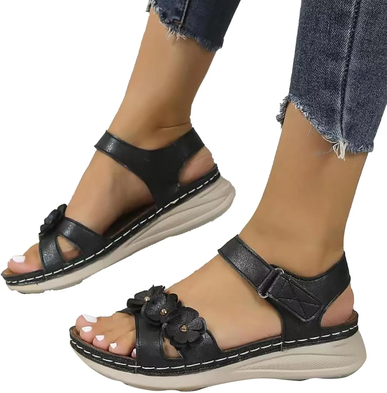Wide Width Platform Wedge Sandals for Women Summer Dressy Comfortable Platform Casual Dress Sandal Arch Support Walking Orthotic Orthopedic Wedges Shoes with Adjustable Hook Loop