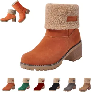 Winter Boots for Women 2025,Women's Snow Boots,Fleece Lined Mid Calf Snow Boot Ankle Chunky Block Heels Comfortable Slip On Warm Suede Outdoor Shoes