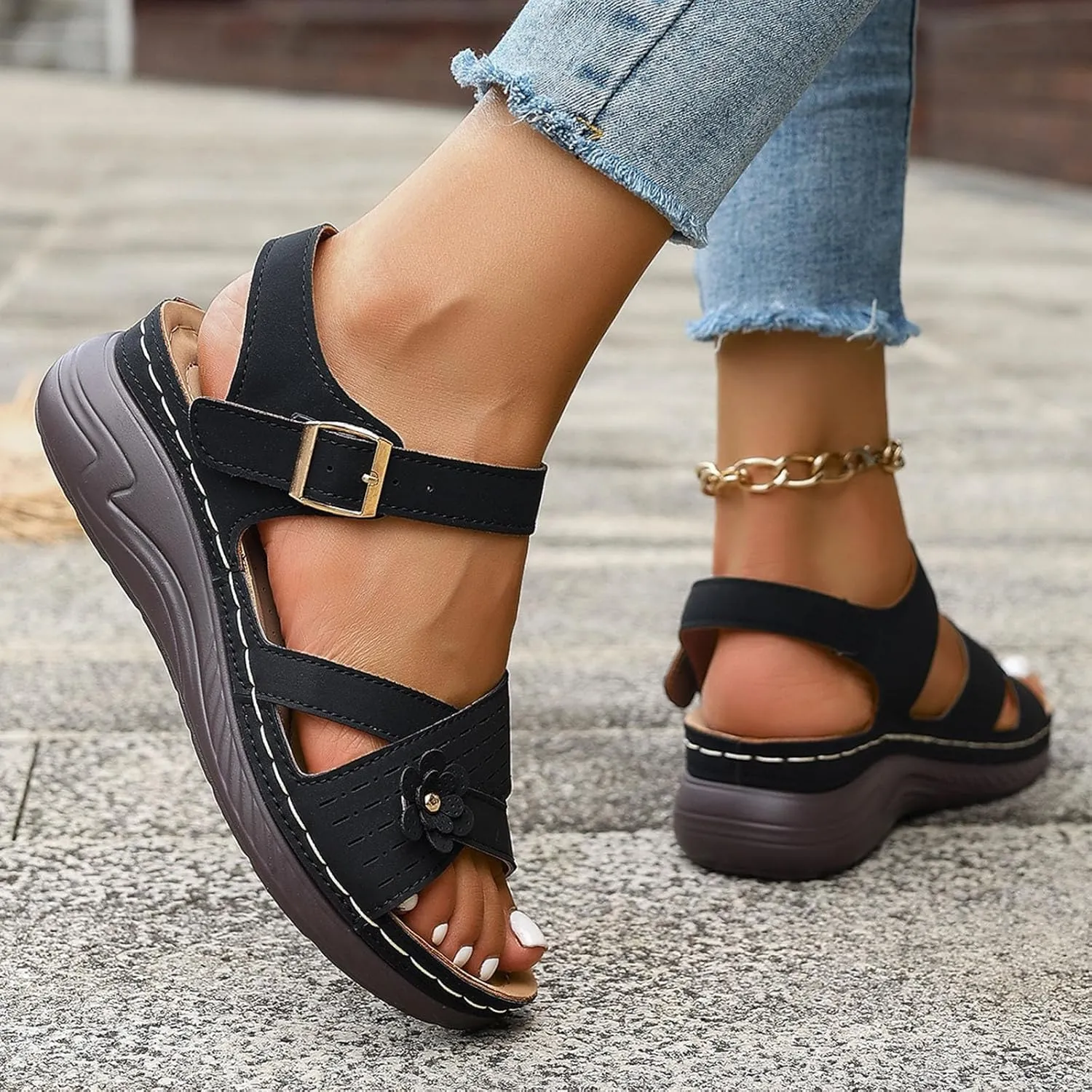 Women Comfortable Sandals Orthotic Walking Sandals Orthopedic Wide Width Arch Support Sandal with Adjustable Hook Loop Flower Summer Casual Dressy Fishmouth Platform Sandal Outdoor Going Out Footwear
