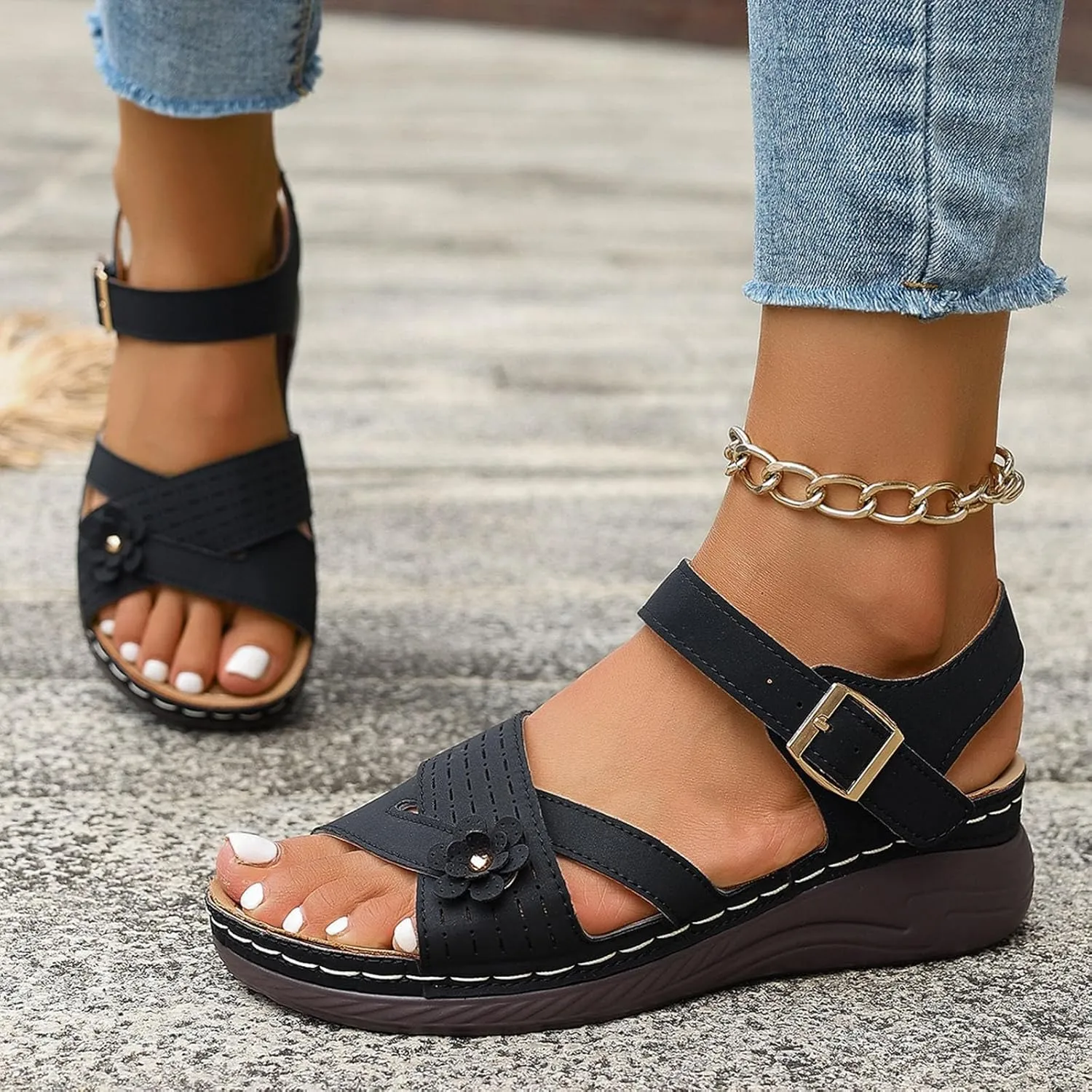 Women Comfortable Sandals Orthotic Walking Sandals Orthopedic Wide Width Arch Support Sandal with Adjustable Hook Loop Flower Summer Casual Dressy Fishmouth Platform Sandal Outdoor Going Out Footwear