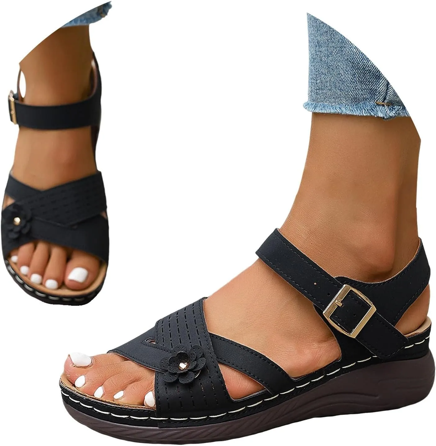 Women Comfortable Sandals Orthotic Walking Sandals Orthopedic Wide Width Arch Support Sandal with Adjustable Hook Loop Flower Summer Casual Dressy Fishmouth Platform Sandal Outdoor Going Out Footwear