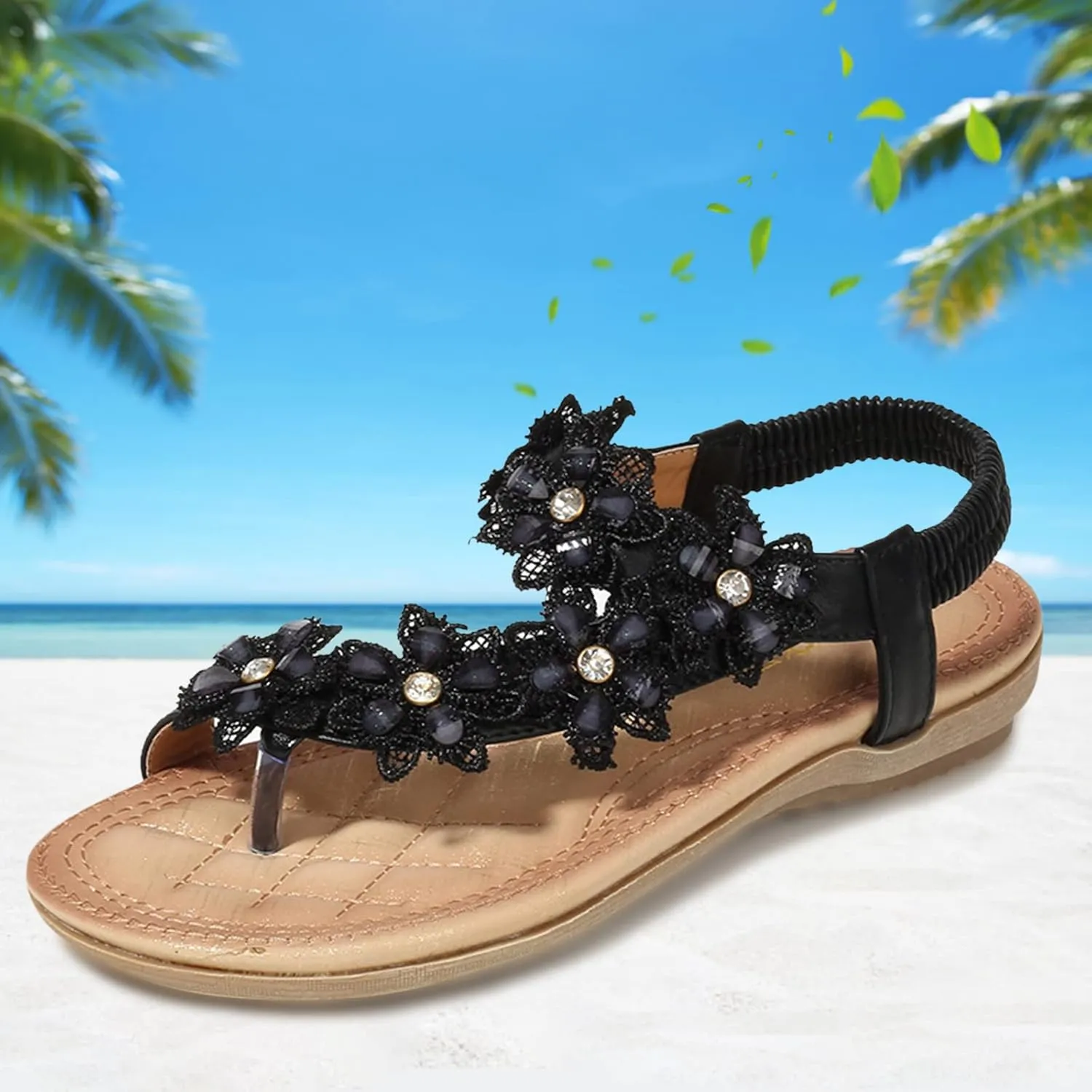 Women Flip Flops Summer Flower Elastic Ankle Strap Ring Toe Sandal Orthopedic Clip Toe Dress Shoes Slip On Casual Shoes