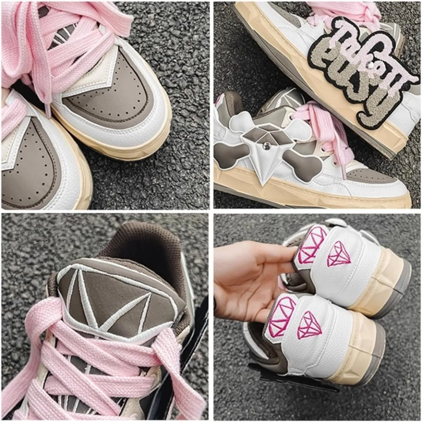 Women Men Aesthetic Chunky Sneakers Streetwear Fashion Comfort Diamond Pattern Padded Platform Shoes Retro Skate Style