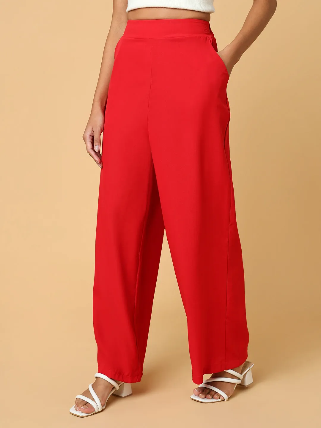 Women Red Comfort Slim Fit Trousers