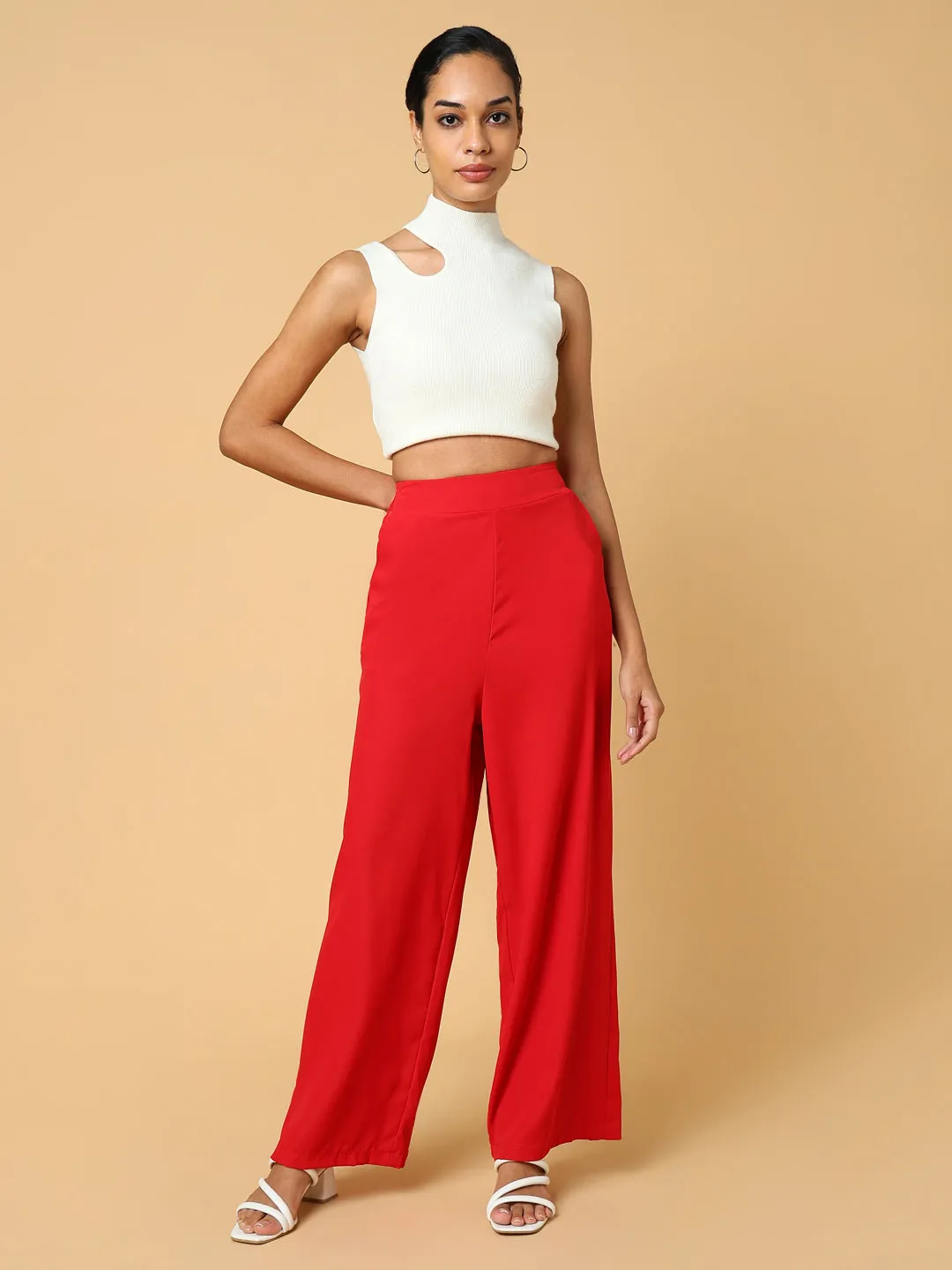 Women Red Comfort Slim Fit Trousers