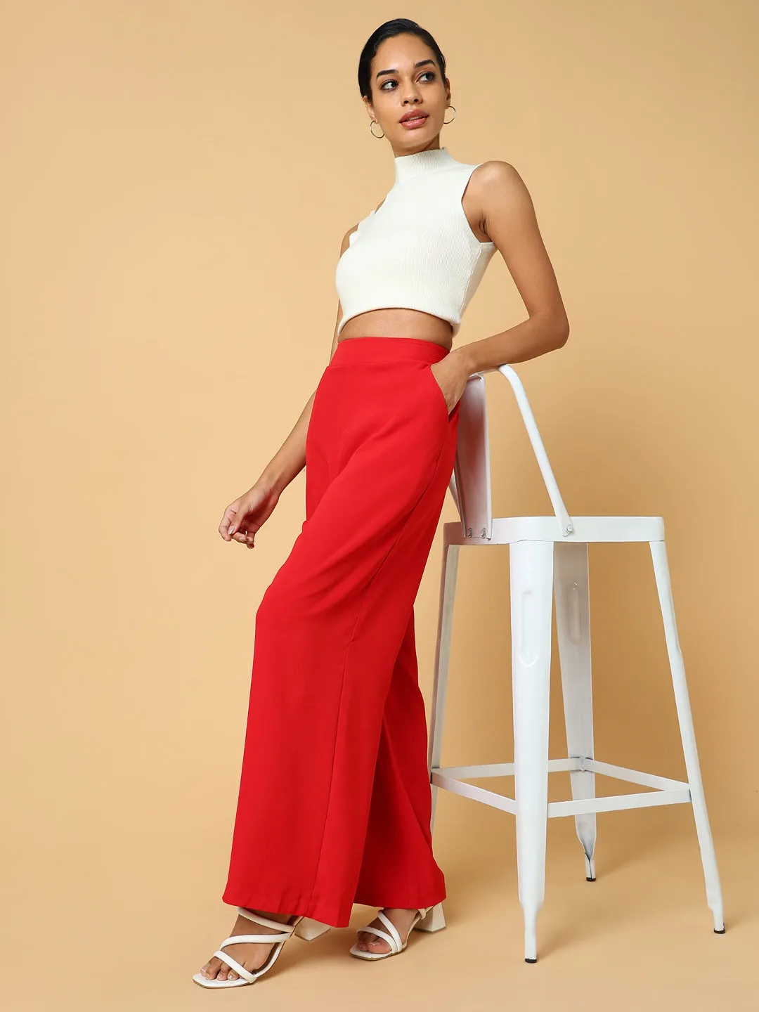 Women Red Comfort Slim Fit Trousers