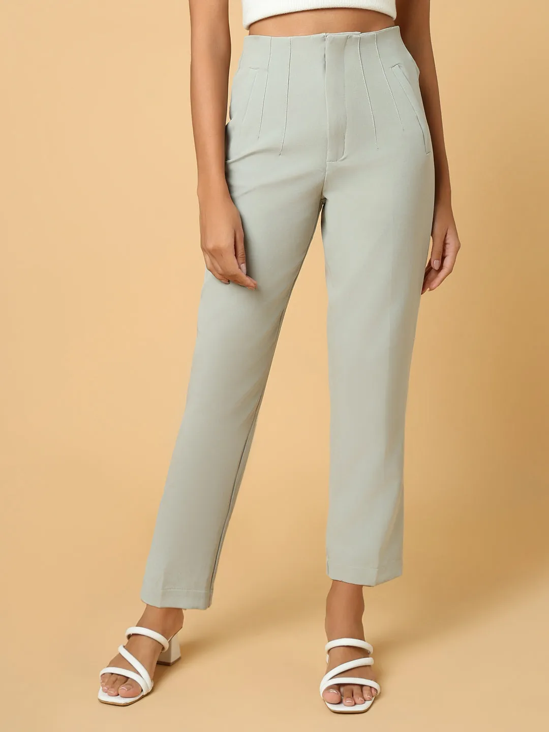 Women Sea Green Comfort Slim Fit Pleated Trousers