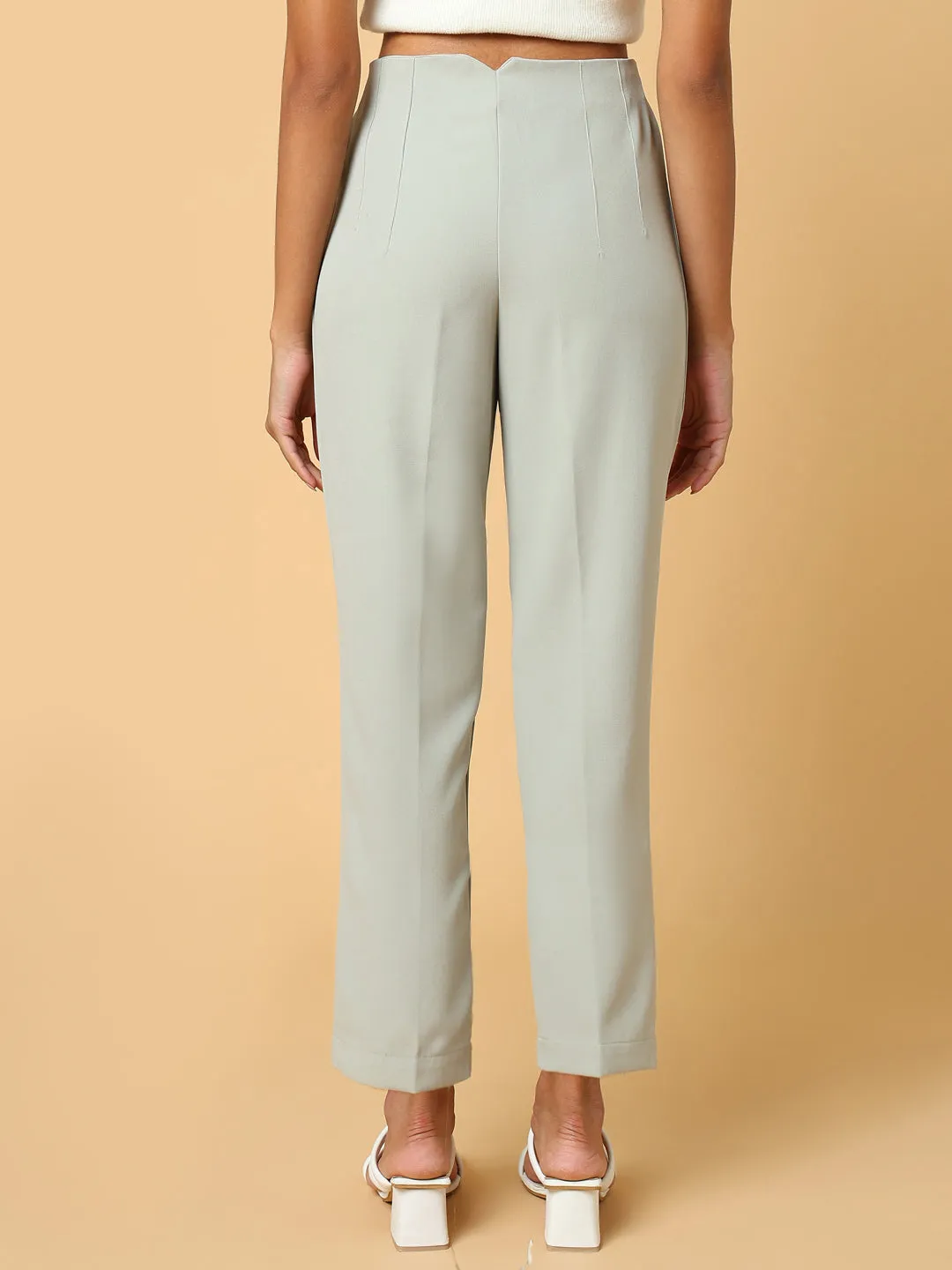 Women Sea Green Comfort Slim Fit Pleated Trousers