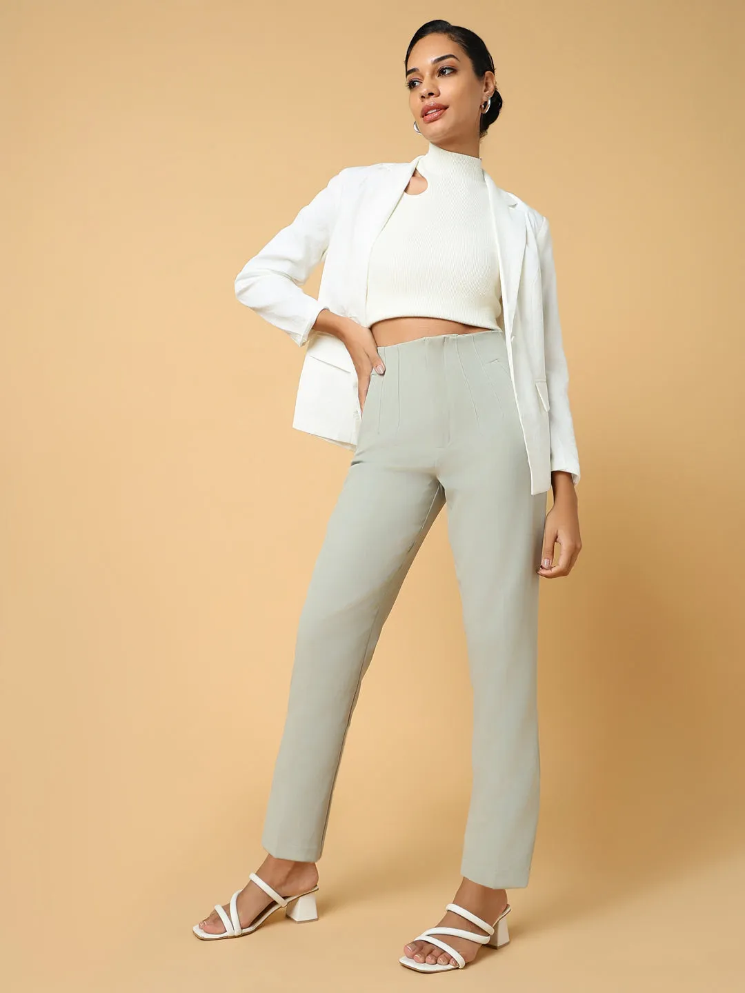 Women Sea Green Comfort Slim Fit Pleated Trousers